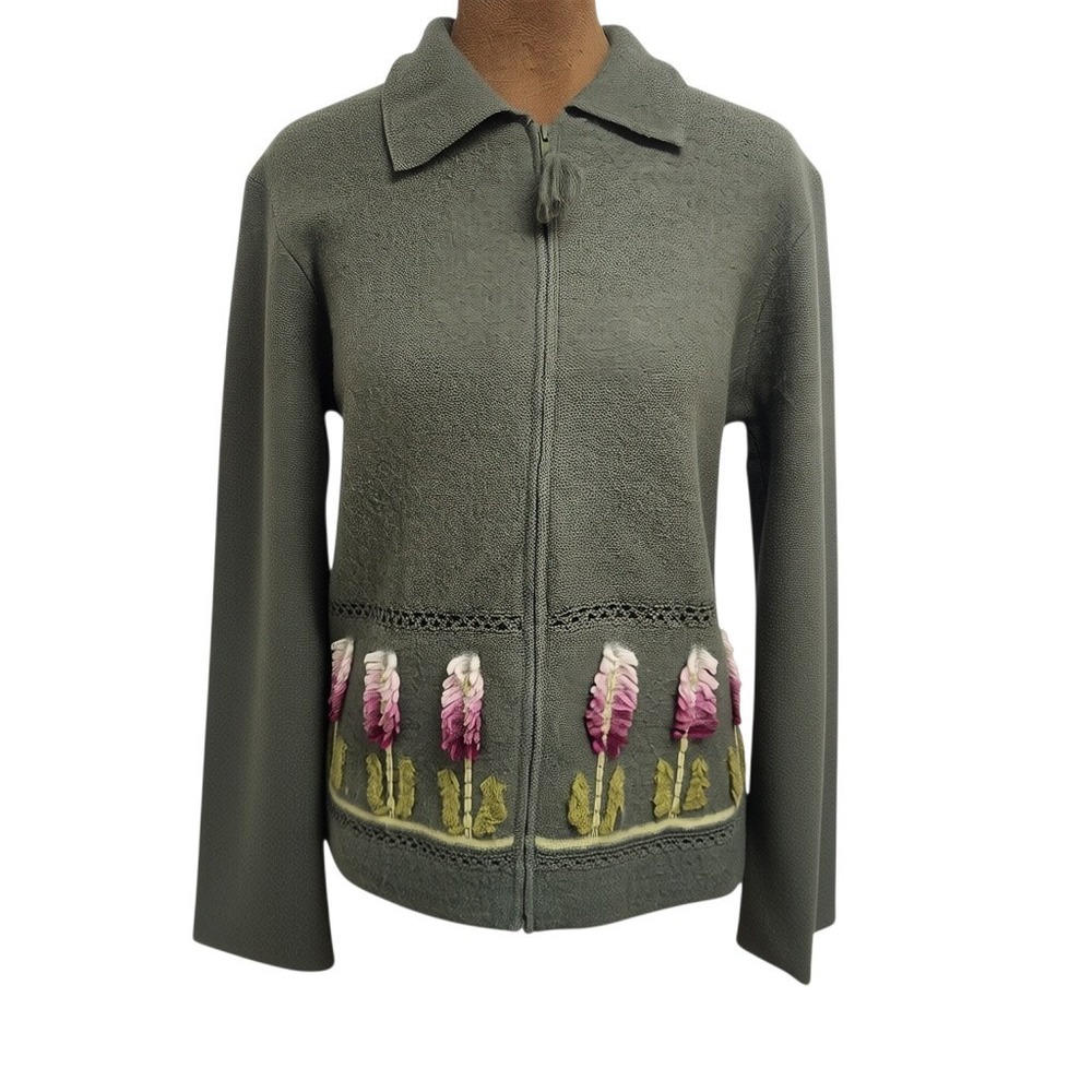 Susan Bristol Cardigan Sweater Women's M Green Wool Embroidered Floral Beads Zip